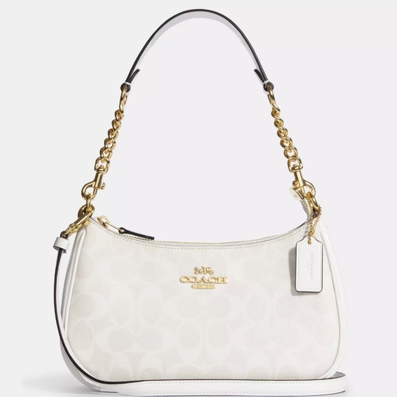 NEW! Teri Shoulder Bag in Signature Canvas in Gold/Chalk/Glacier White-SOLD OUT! - Picture 1 of 9